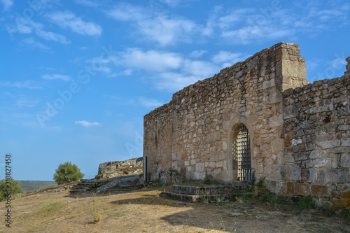 View at the exterior fortress and religious church ruins  medieval village inside fortress castle of Castelo Mendo