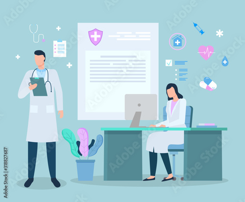 People working on new research or experiment in laboratory. Man and woman analyzing data on documents or laptop. Medical insurance and services of doctors and medical workers, vector in flat