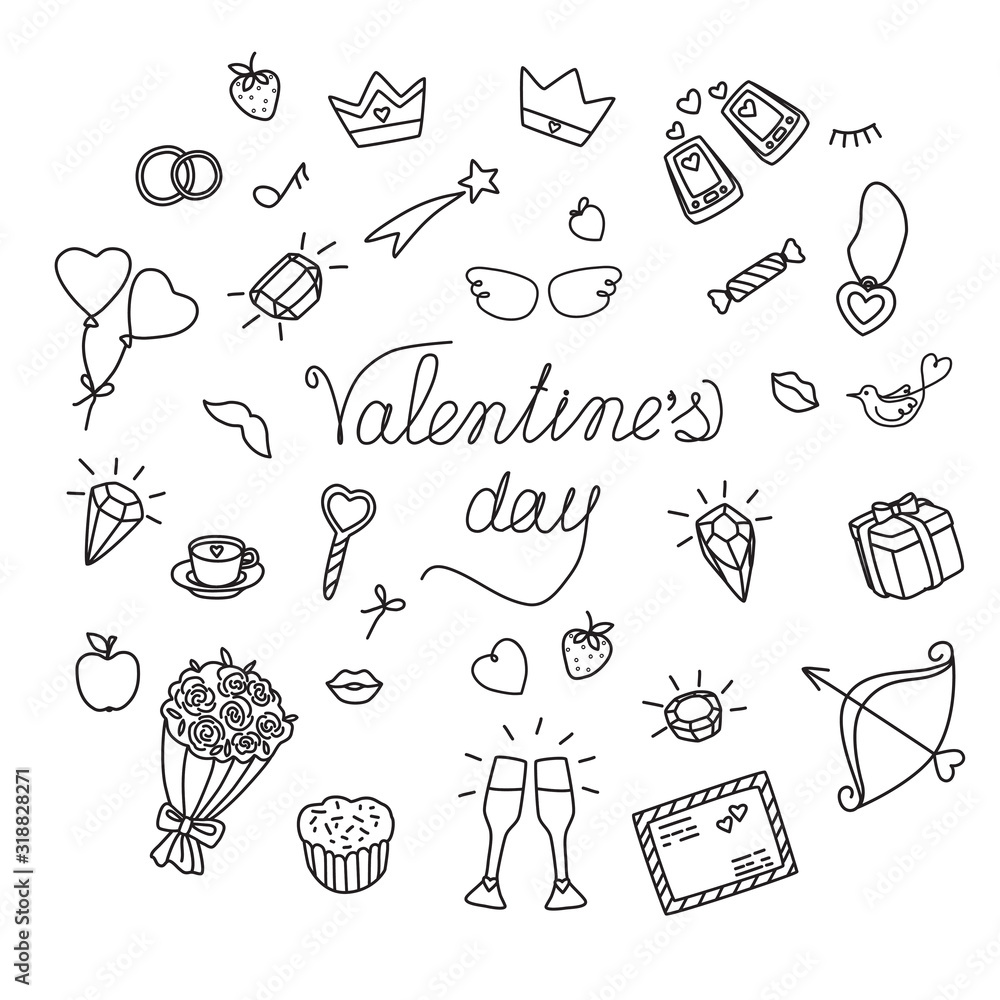 Set of cute signs and symbols of Love, romantic relationships ...