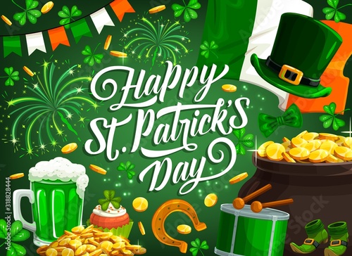 Patrick day, Irish traditional holiday, vector shamrock clover and fireworks. Saint Patrick luck symbols of golden horseshoe, leprechaun gold coins in cauldron, Ireland flag and green ale beer mug