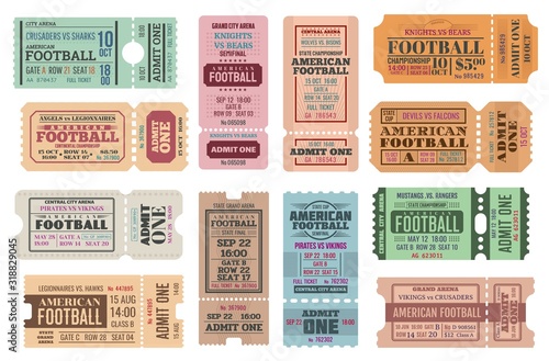 American football vector game tickets, isolated on white. Football team match, retro isolated vintage adit templates form paper or carton with perforated line