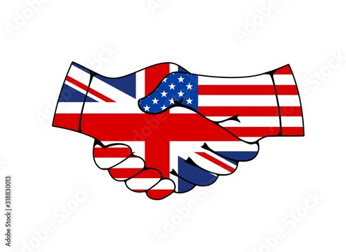 USA and Great Britain flags hand shake, vector icon. US and UK agreement and friendship, American and British international treaty on economics, politics and international partnership handshake sign