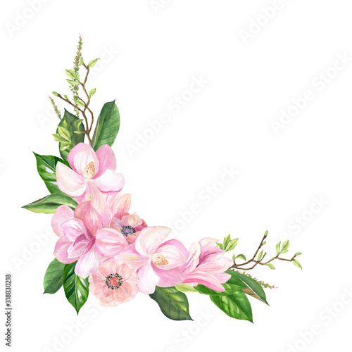 watercolor illustration of a Magnolia branch with pink flowers on a white background