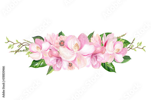 watercolor illustration of a Magnolia branch with pink flowers on a white background © ElenaDoroshArt