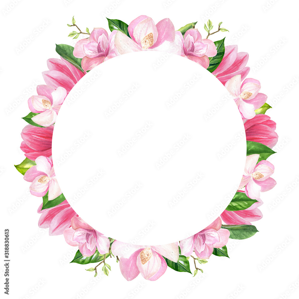 finished image of a wreath of pink Magnolia flowers on a white background, there is a place for your signature, watercolor