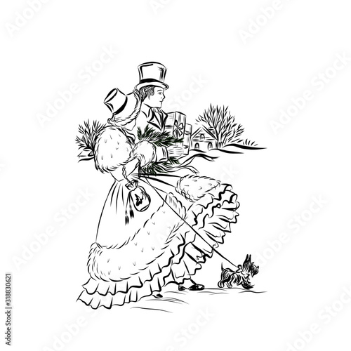 man and woman in winter vintage style clothes with new year gifts. 