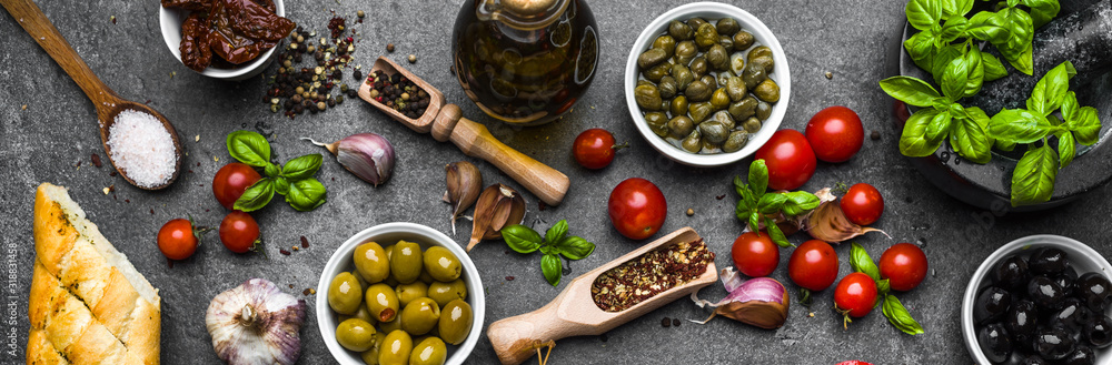 Mediterranean food ingredients or italian diet background - obrazy, fototapety, plakaty 