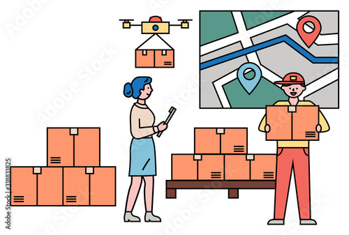 Man and woman work as courier at post office or warehouse. Street map on wall with way between two destination pointers. Shipment boxes, moving parcels using quadcopter. Vector illustration in flat