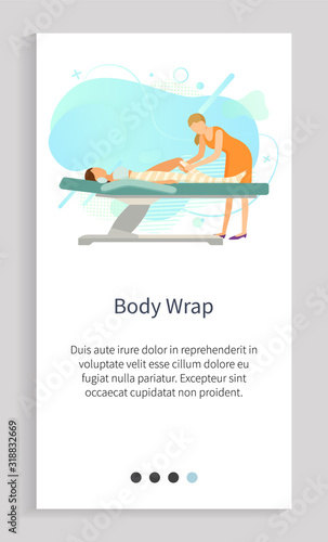 Body wrap, woman character lying on table with mask, spa procedure to female, skincare cosmetic, cellulite procedure, professional massage vector. Website slider app template, landing page flat style