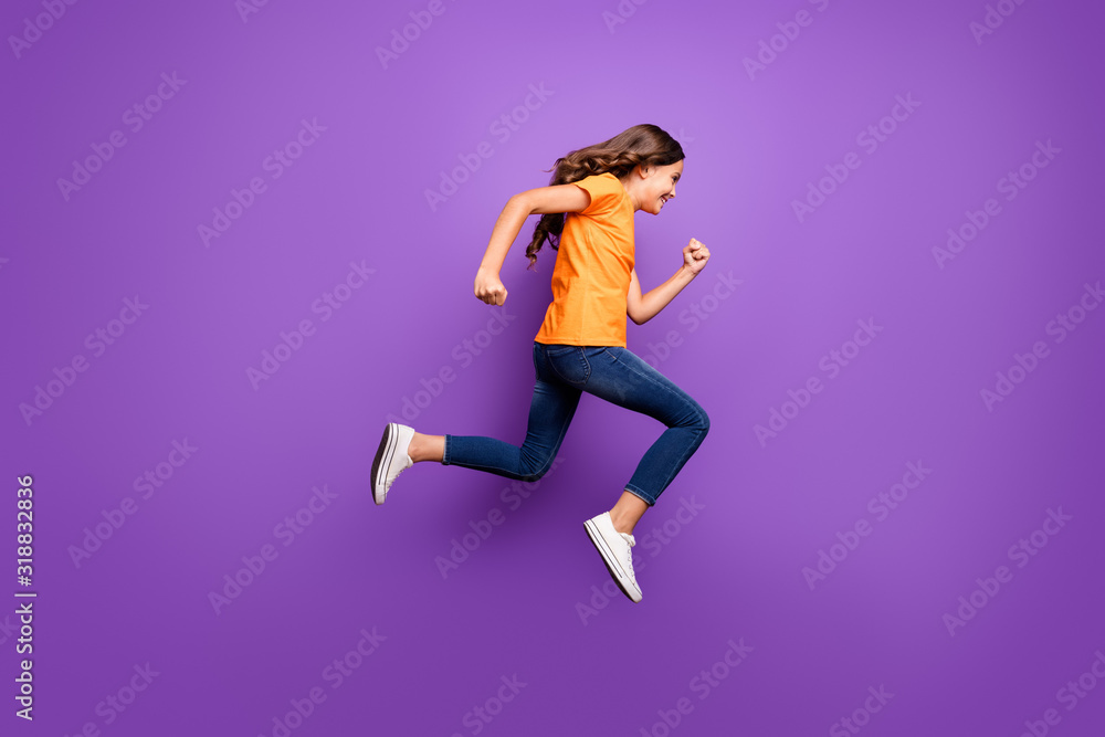 Full length body size view of her she nice attractive lovely funky cheerful cheery wavy-haired girl jumping running fast action isolated over lilac purple violet pastel color background