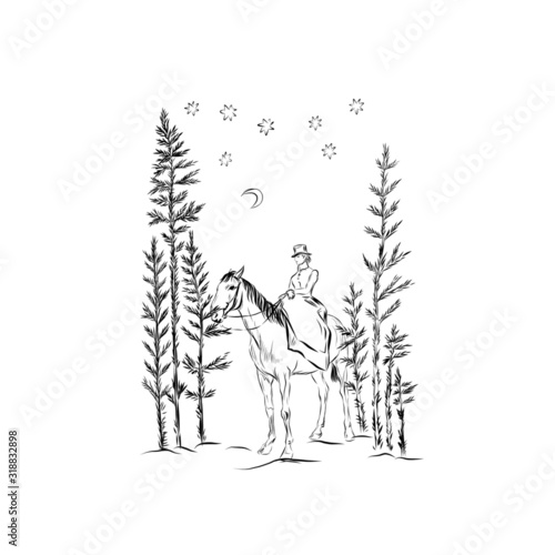 horseman on horseback in the forest at night under the starry sky and the month