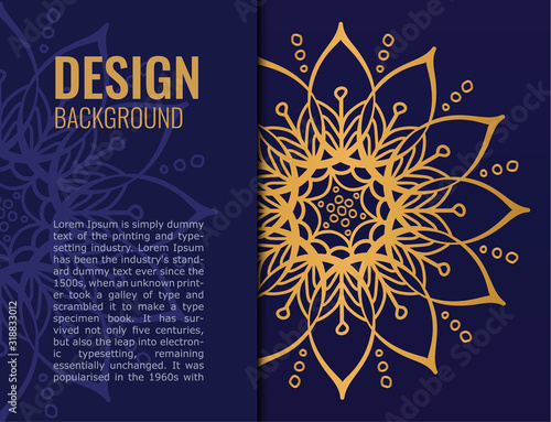 Card gold mandala on dark blue background. Elegant cover. Decorative ornate circle mandala. A symbol of life and health. Vector illustration.