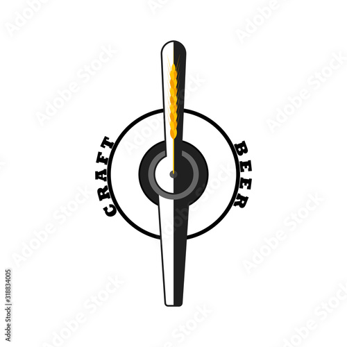 Logo for draft beer with yellow spikelet of wheat, barley. Silhouette, part of beer pump with tap and handle. Vector illustration with isolated object on white background.