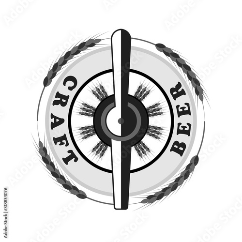 Logo for draft beer with spikelets of wheat, barley. Silhouette, part of beer pump with tap and handle. Vector illustration with isolated object on white background.