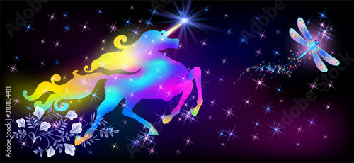 Dragonfly and galloping iridescent unicorn with luxurious winding mane against the background of the fantasy universe with sparkling stars