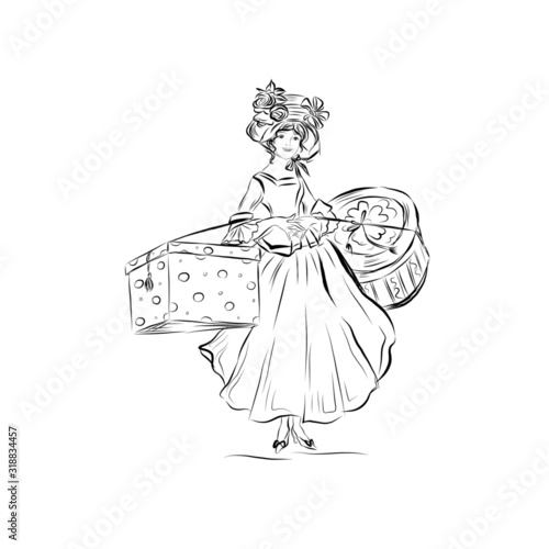 elegant lady carries gifts dressed in 19th style clothes. Graphic artistic vector art for vintage decoration, print, card, children's illustration for book