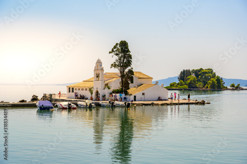 Vlacherna monastery in the port of Kanoni in Corfu island, beautiful landscape scenery, Ionian Sea, Greece. photo