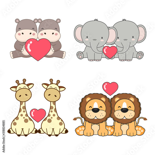 Cute animals couples in love collection.  Vector illustration.