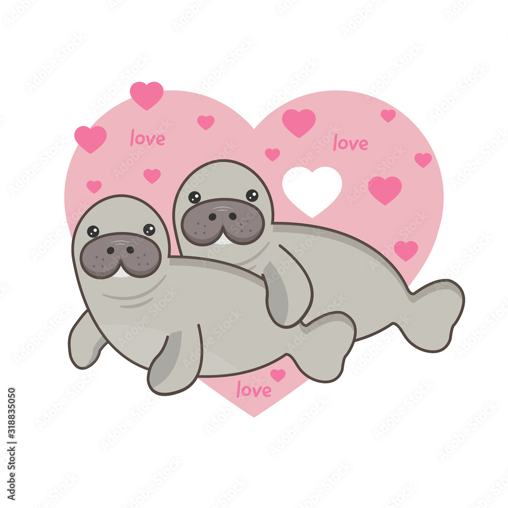 Cute card with loving couple of manatee. Cute card with loving couple of manatee.