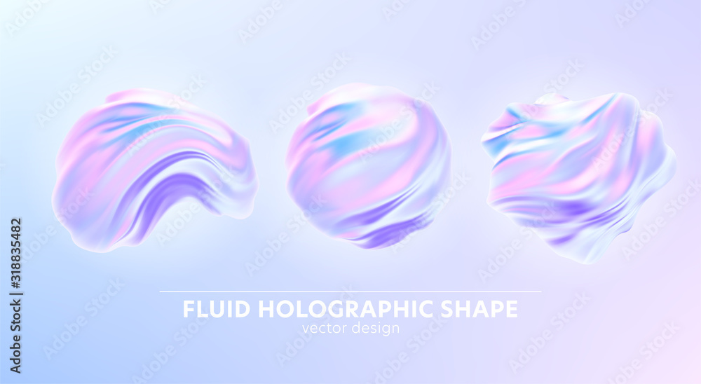 Set of Trendy realistic pattern with holographic 3d shape on blue background for banner design. Fluid shape background. Rainbow background. Fluid holographic pattern. Vector illustration