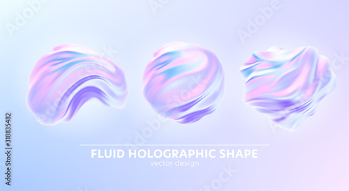 Set of Trendy realistic pattern with holographic 3d shape on blue background for banner design. Fluid shape background. Rainbow background. Fluid holographic pattern. Vector illustration