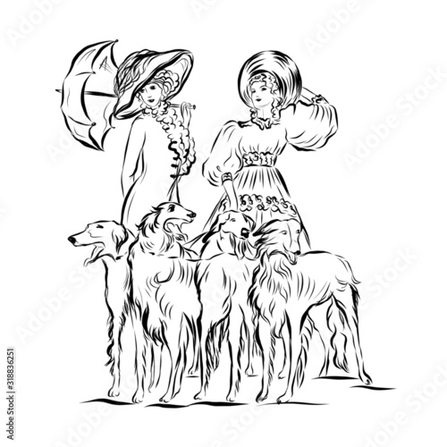 elegant woman in vintage style clothes with a dog, pet, hand drawn graphic vector illustration, texture design for poster, print for clothes, wrapping paper, card. 