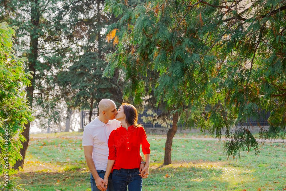 Obraz premium Happy lovers in the park at thuja in autumn sunny weather.