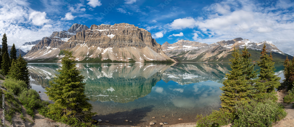 Panoramic view of beautiful Bow Lake in Rocky Mountains, Banff National Park, Canada.