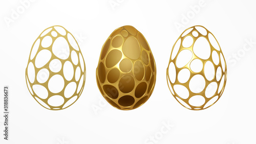 Easter greeting card with an image of an Easter egg in a golden organic realistic 3d grid pattern. Jewelry decoration. Luxury ornament. Vector illustration