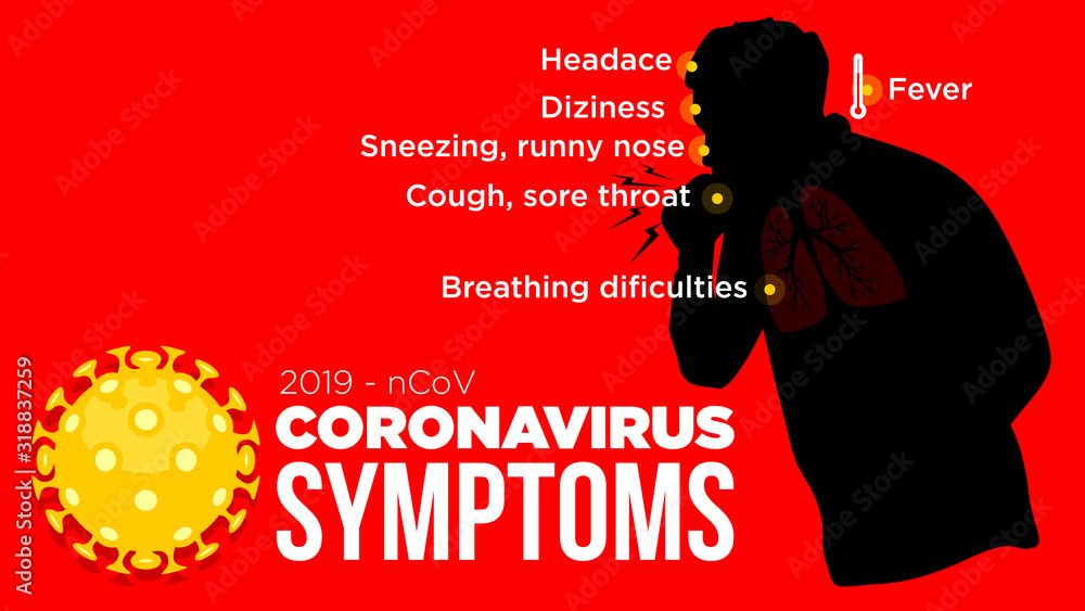 wuhan corona virus outbreak strain symptoms with silhouette man on red background flat style illustration 