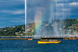 Beautiful view of the water jet fountain with rainbow in the lake of Geneva,  Switzerland