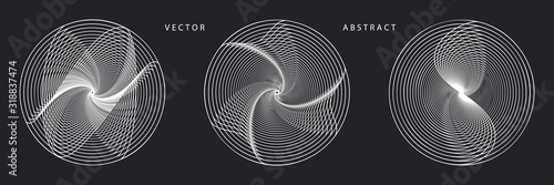 Set of Monochrome Futuristic Graphic Elements on Dark Background. Abstract Vector Symbols.