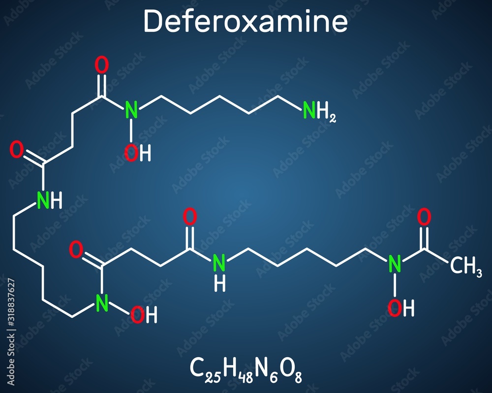 Deferoxamine, desferrioxamine B, DFOA, C25H48N6O8 molecule. It is an iron chelating agent. Structural chemical formula on the dark blue background. Vector illustration Deferoxamine, desferrioxamine B, DFOA, C25H48N6O8 molecule. It is an iron chelating agent. Structural chemical formula on the dark blue background. Vector illustration