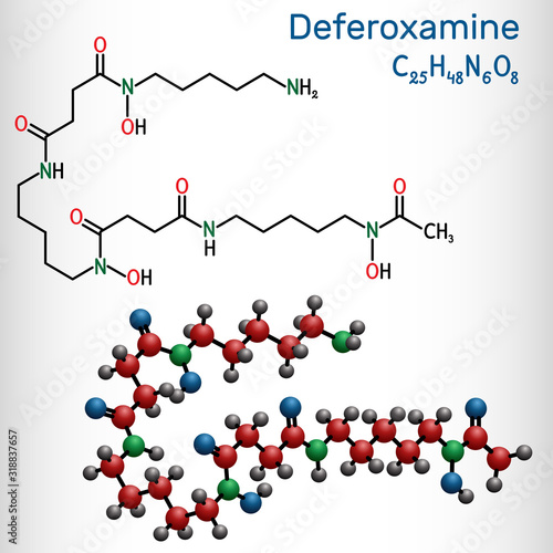 Fototapeta Naklejka Na Ścianę i Meble -  Deferoxamine, desferrioxamine B, DFOA,  C25H48N6O8 molecule. It is an iron chelating agent. Structural chemical formula and molecule model