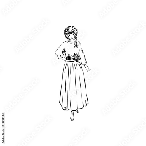 elegant woman dressed in antique clothes, retro style, victorian female character figure, 19th century fashion, hand drawn illustration in vintage engraving style