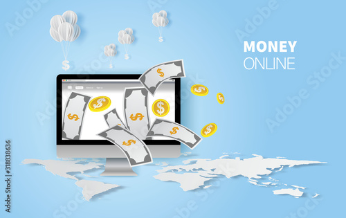 Earn Computer money online modern. vector illustration for web banners.Web sites and landing pages and social media. Graphic Element technology payment business concept.Marketing E-commerce finance.