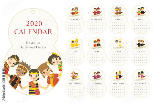 Calendar 2020. Eight shaped 2020 monthly wall calendar with Indonesian children in traditional clothes. Printable calendar template, vector design. New year calendar set.