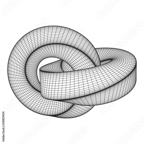 Mobius strip ring knot sacred geometry. Spatial figure with upturned surfaces. Optical illusion with dual circular contour. Wireframe low poly mesh vector illustration.