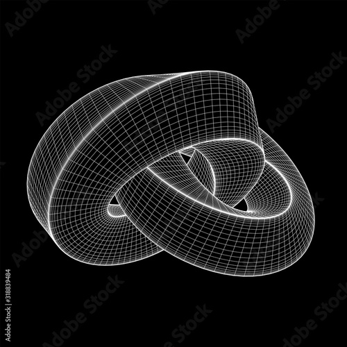 Mobius strip ring knot sacred geometry. Spatial figure with upturned surfaces. Optical illusion with dual circular contour. Wireframe low poly mesh vector illustration.
