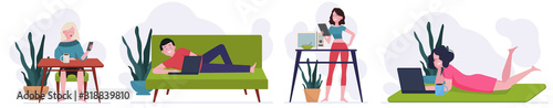 People using gadgets at home set