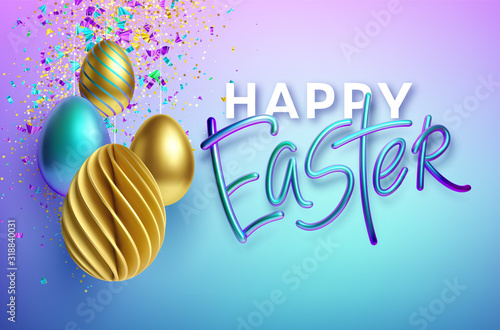 Modern trendy Golden metallic shiny typography Happy Easter on a background of easter eggs. 3D realistic lettering for the design of flyers, leaflets, posters and cards. Vector illustration