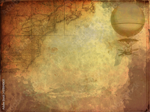 Steampunk vintage map. and airship. Dark background, grunge canvas paper. Retro wallpaper.