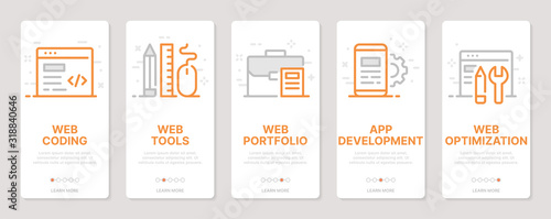 Web development related vertical cards. Mobile app onboarding screens Templates for a website. Icons with editable stroke