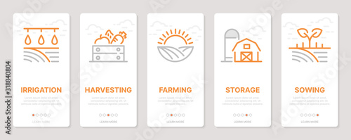 Farming realted vertical cards. Mobile app onboarding screens Templates for a website. Icons with editable stroke