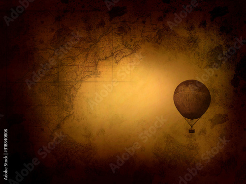 Steampunk vintage map. and airship. Dark background, grunge canvas paper. Retro wallpaper.