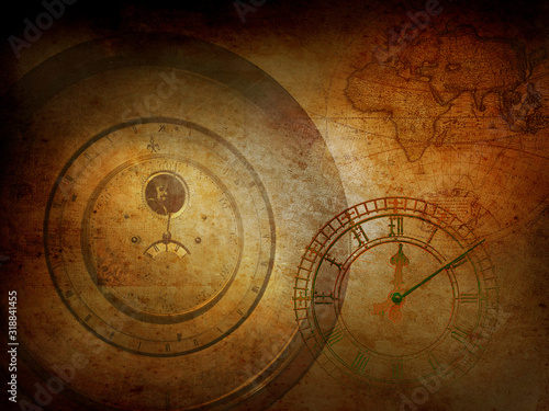 Vintage clock on grunge background, steampunk dark collage.