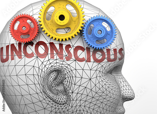 Unconscious and human mind - pictured as word Unconscious inside a head to symbolize relation between Unconscious and the human psyche, 3d illustration