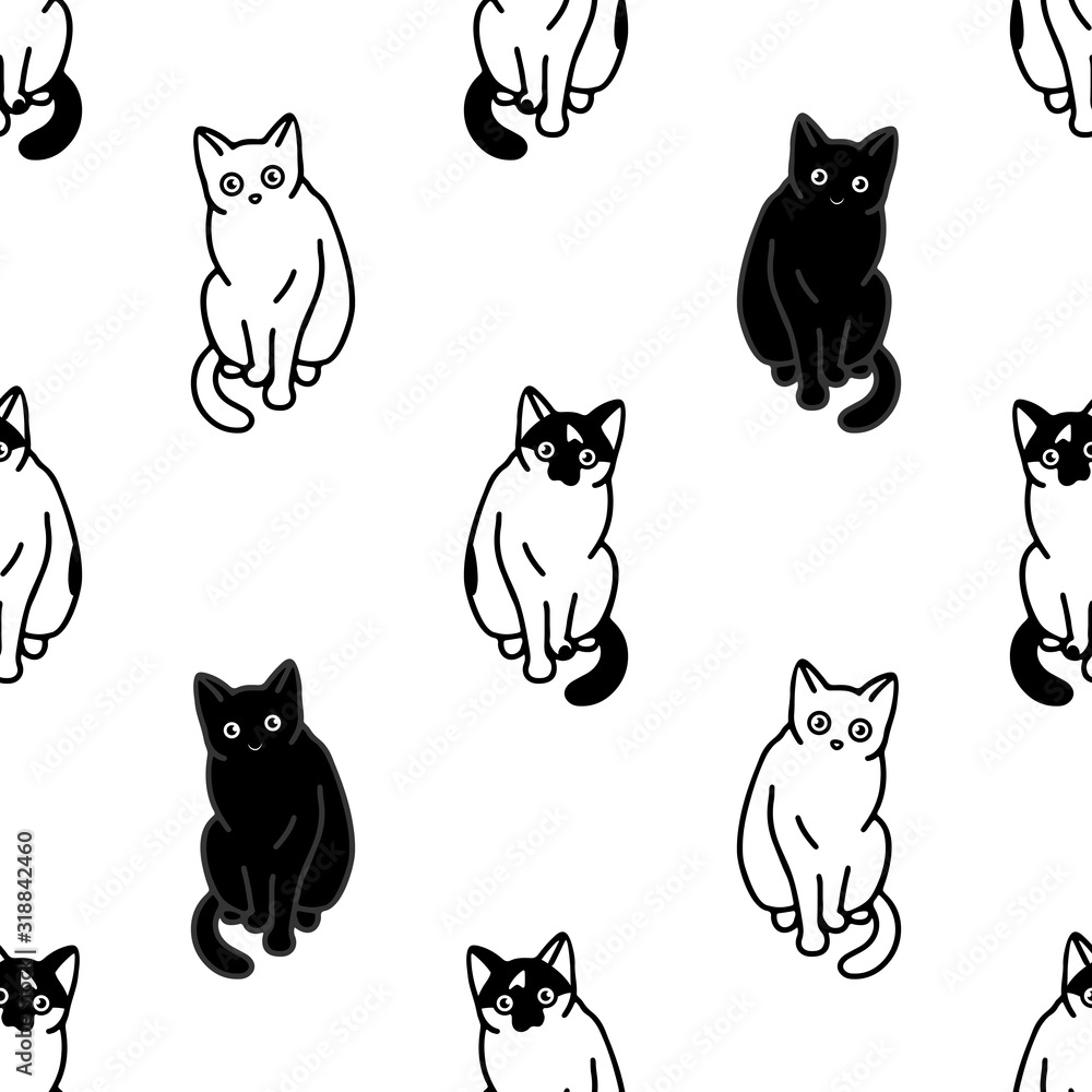 Seamless pattern with cute black and white cats. Texture for wallpapers, stationery, fabric, wrap, web page backgrounds, vector illustration