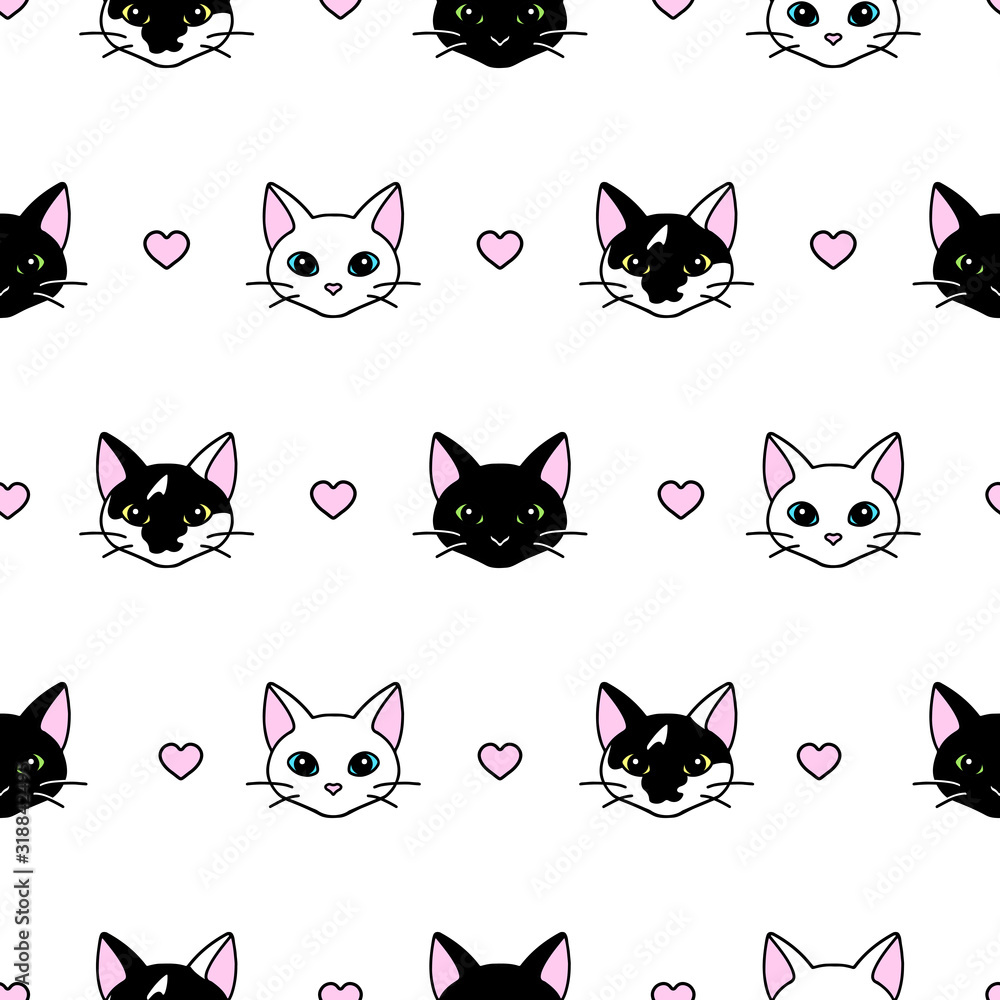 Obraz premium Seamless pattern with cute black and white cat heads. Texture for wallpapers, stationery, fabric, wrap, web page backgrounds, vector illustration