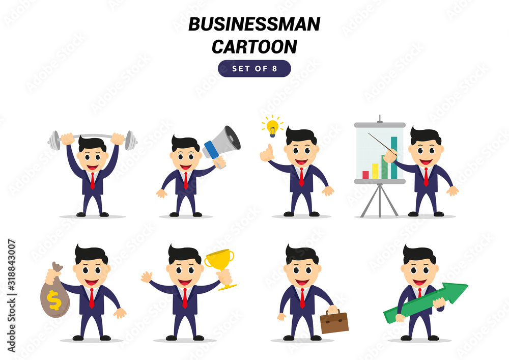 Set of 8 Happy office man, vector illustration. Cartoon style.